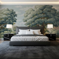 Landscape wall mural showing oak trees, lake, and distant mountains.