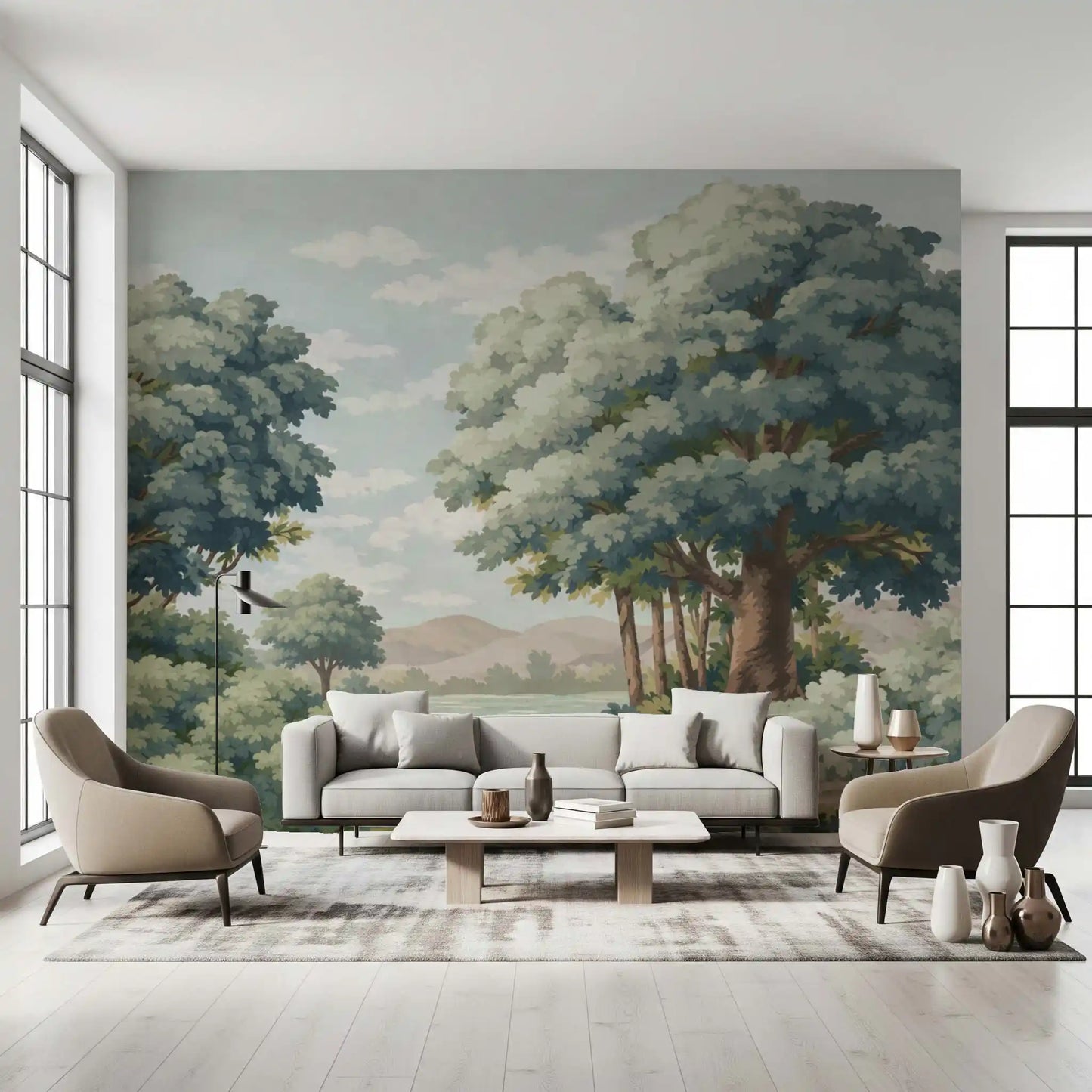 Verdant Horizon mural installed in a living room with green tree and mountain.