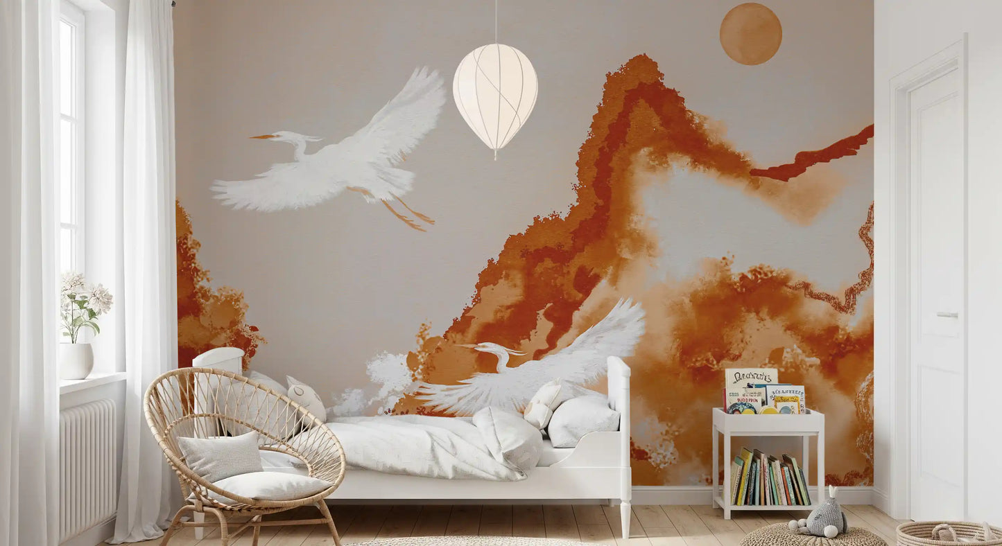 ochre cranes and Joseon era inspired watercolor landscape wall mural in kids bedroom.