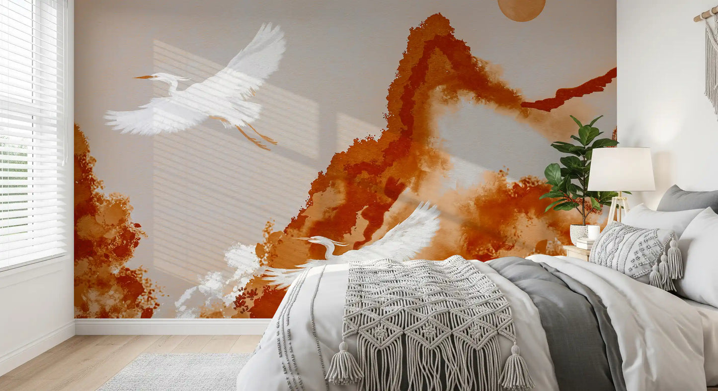 White cranes soaring past rust mountains in Joseon era inspired watercolor mural.