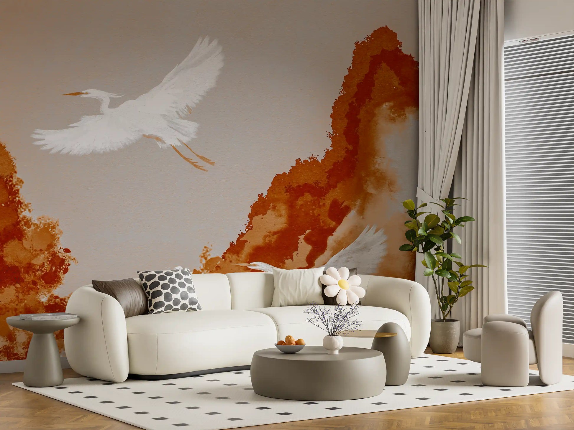 Living room feature wall with Joseon inspired crane and ochre watercolor mural.
