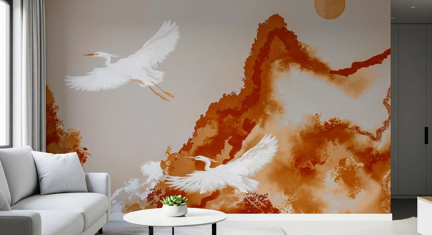 Watercolor landscape mural with two egret-style cranes and ochre mountain scene.