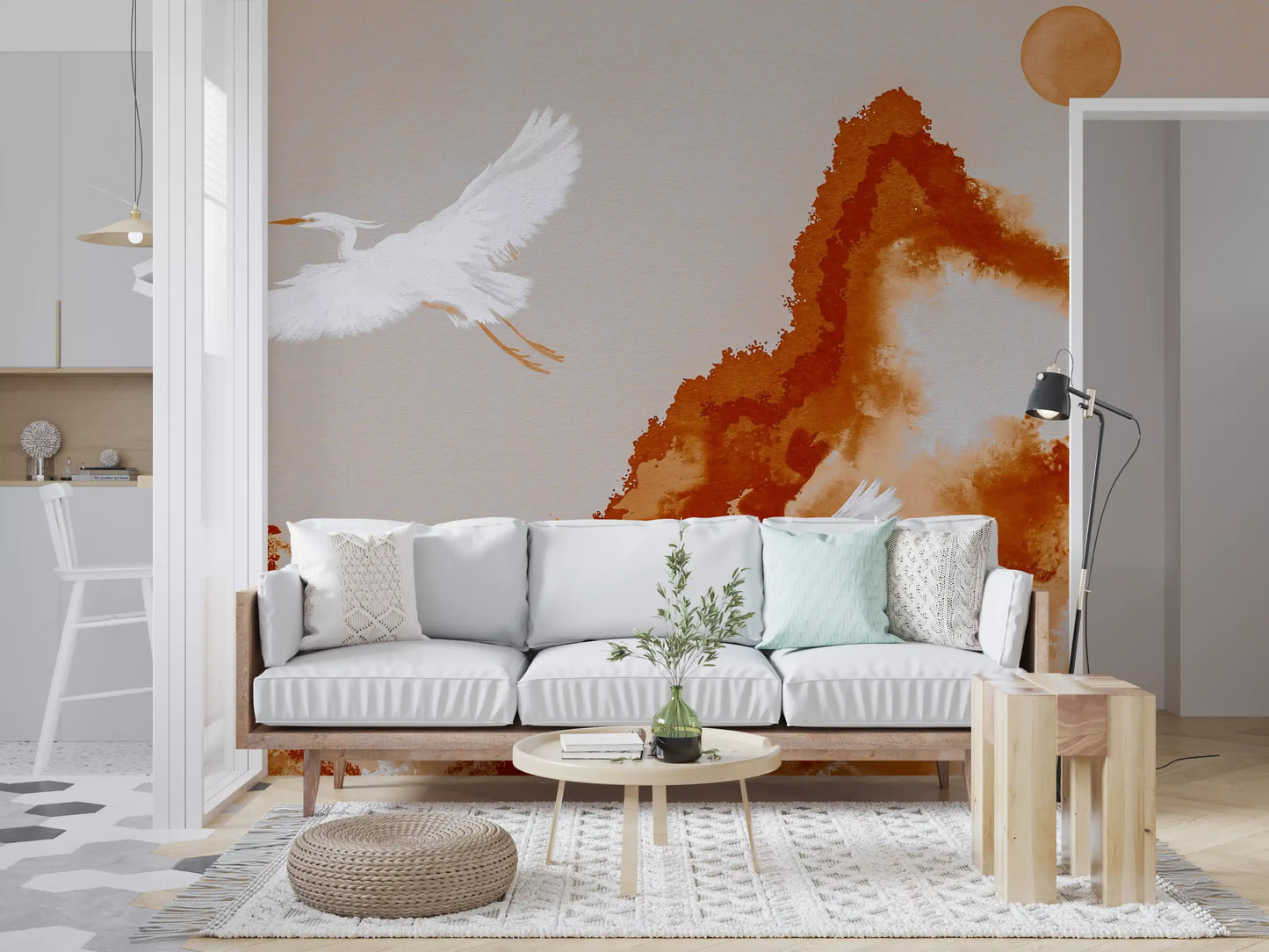 Ochre landscape wall mural detail with crane wings and watercolor mountain texture.