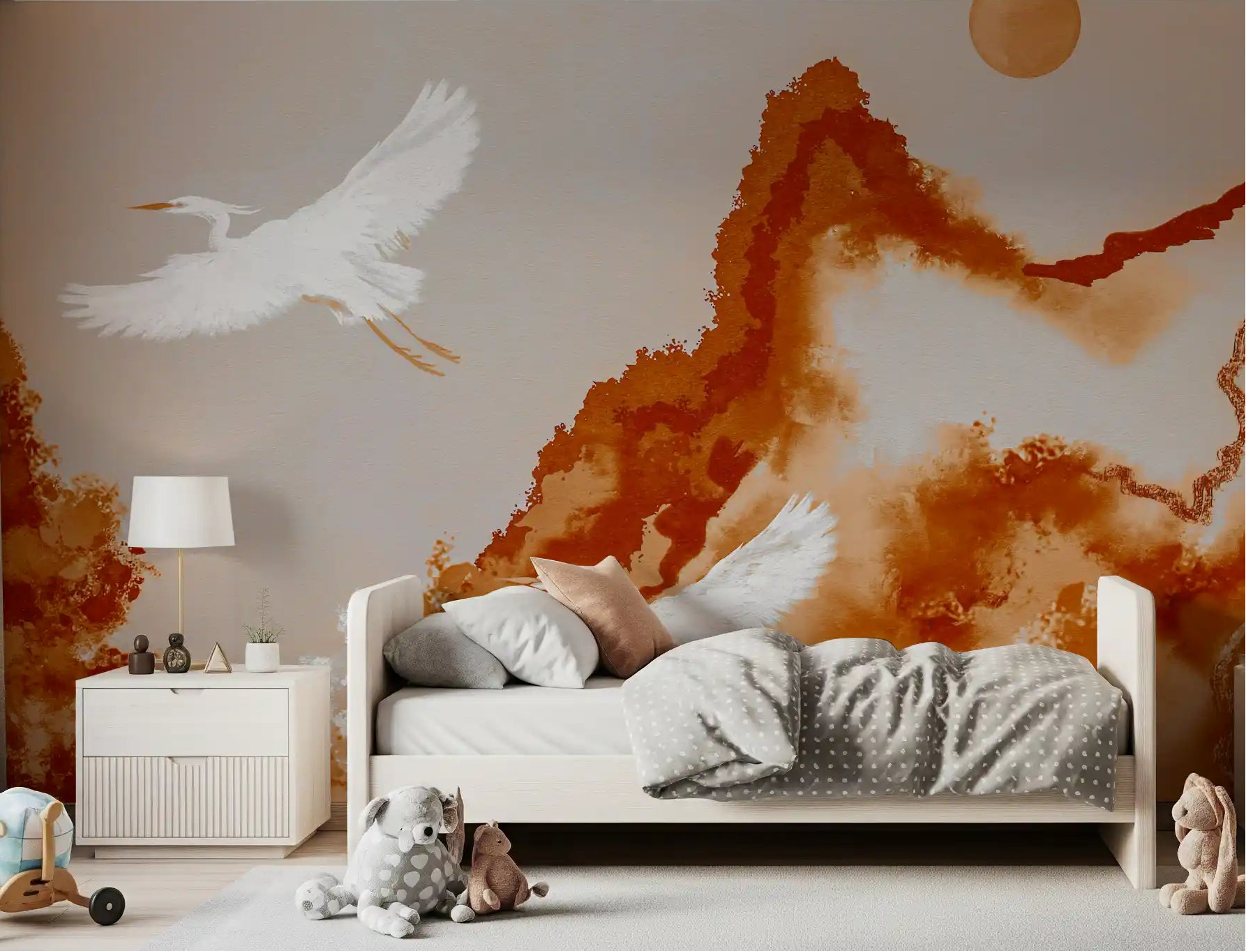 Bedroom wall mural showing white cranes and rust mountains in soft watercolor.
