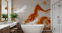 Bathroom watercolor mural featuring flying cranes over ochre mountain horizon.