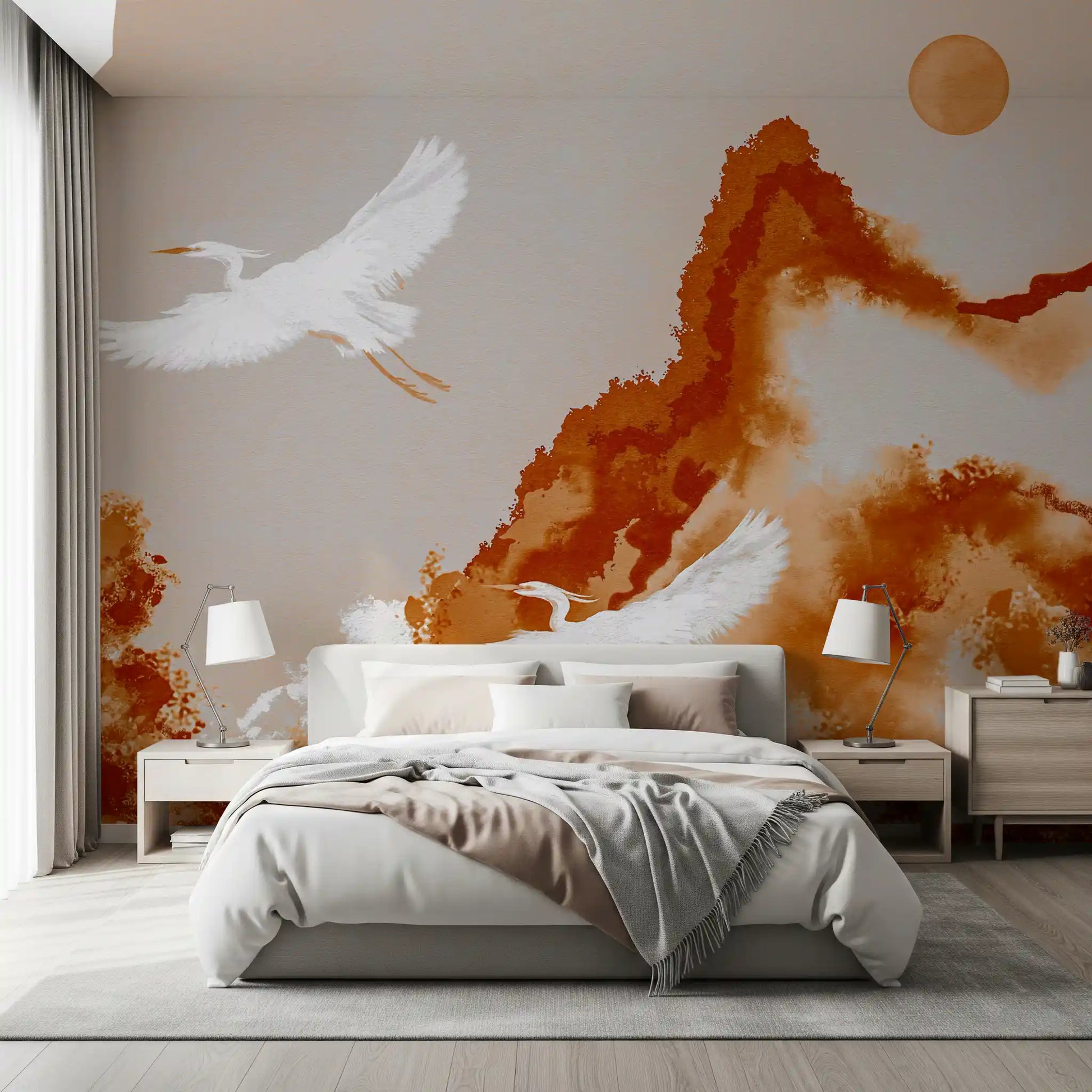 Ochre horizon cranes flying watercolor landscape wall mural with mountain peaks.
