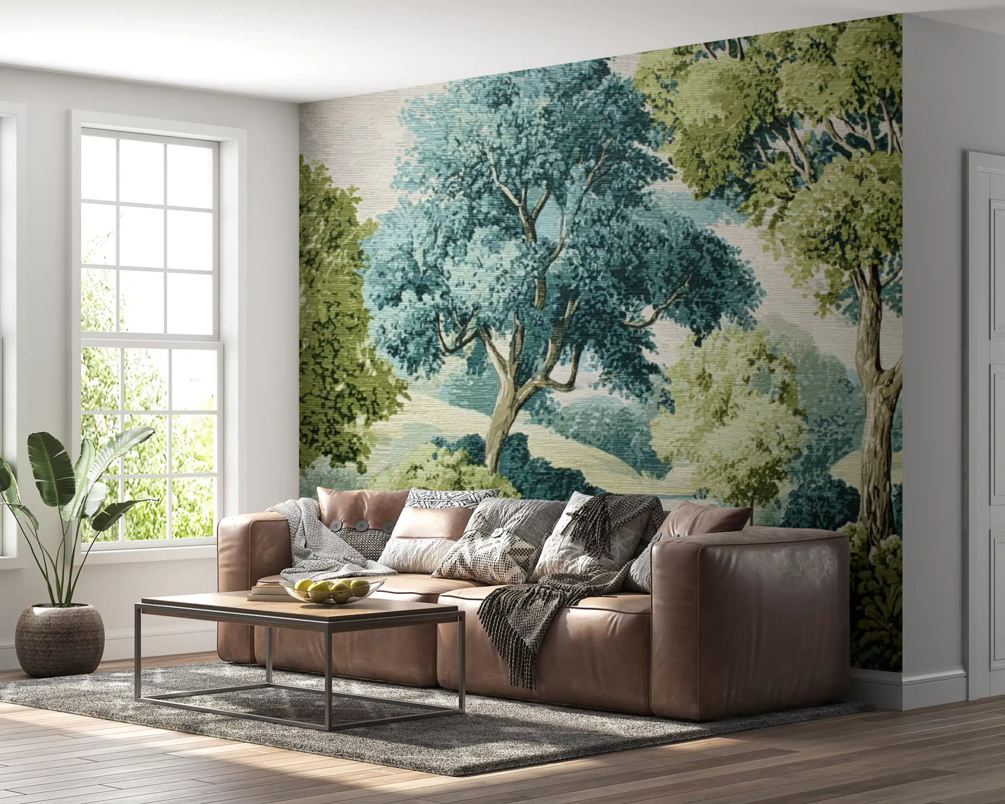 Painted nature mural with olive and forest green foliage.