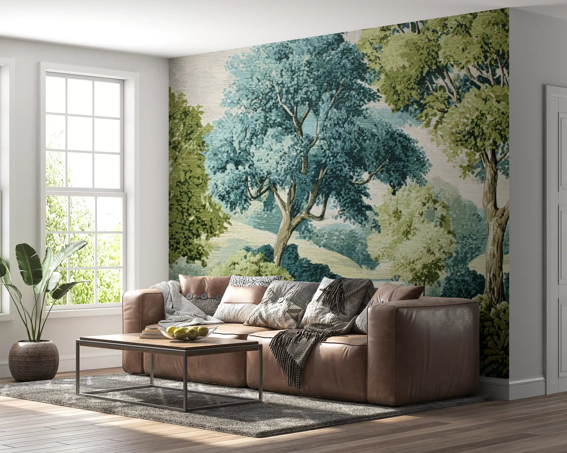 Painted nature mural with olive and forest green foliage.