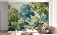 Green forest mural with painted brushwork and stream view in living room.