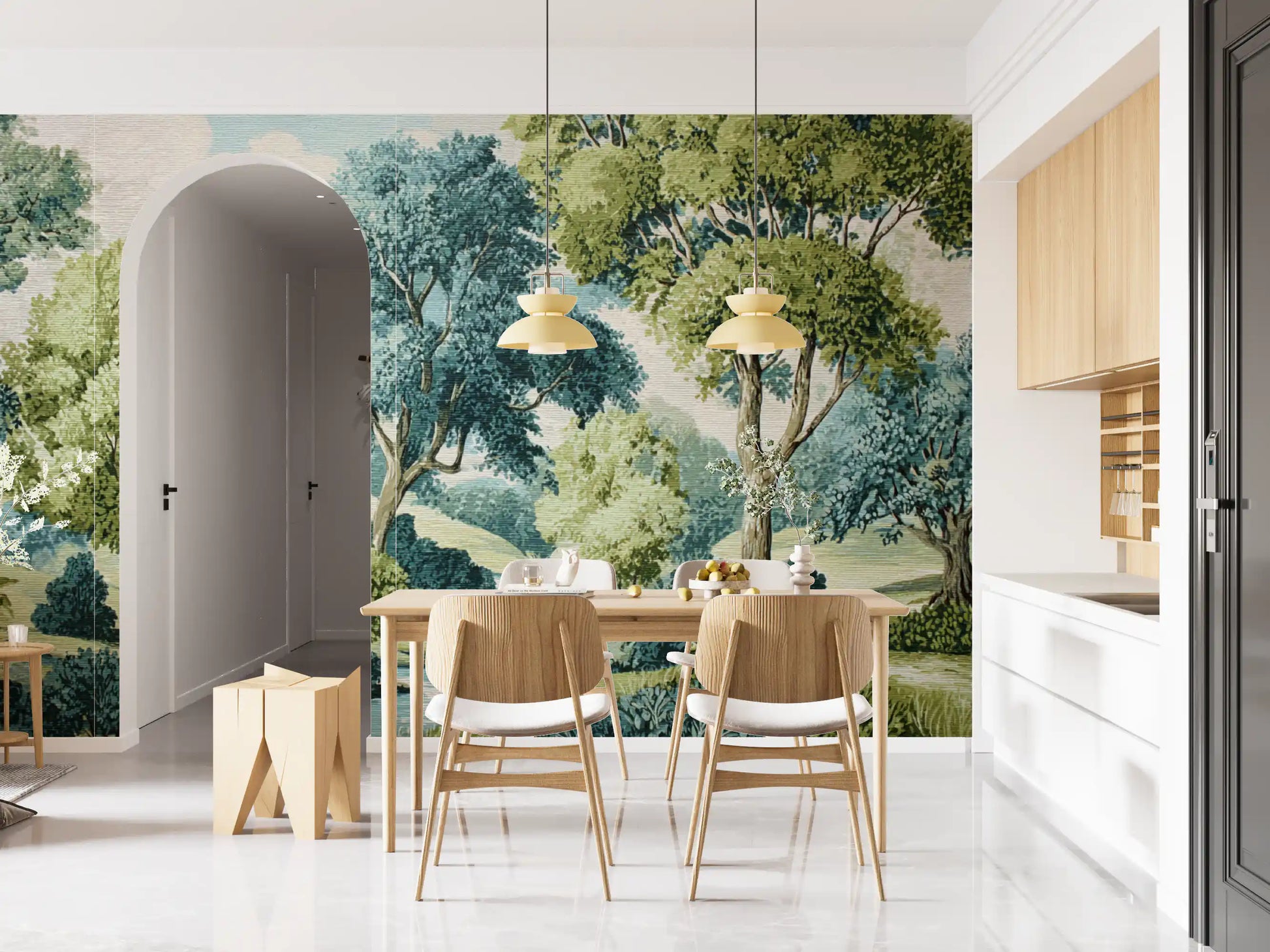 Woodland landscape mural with scenic jungle view in dining room.