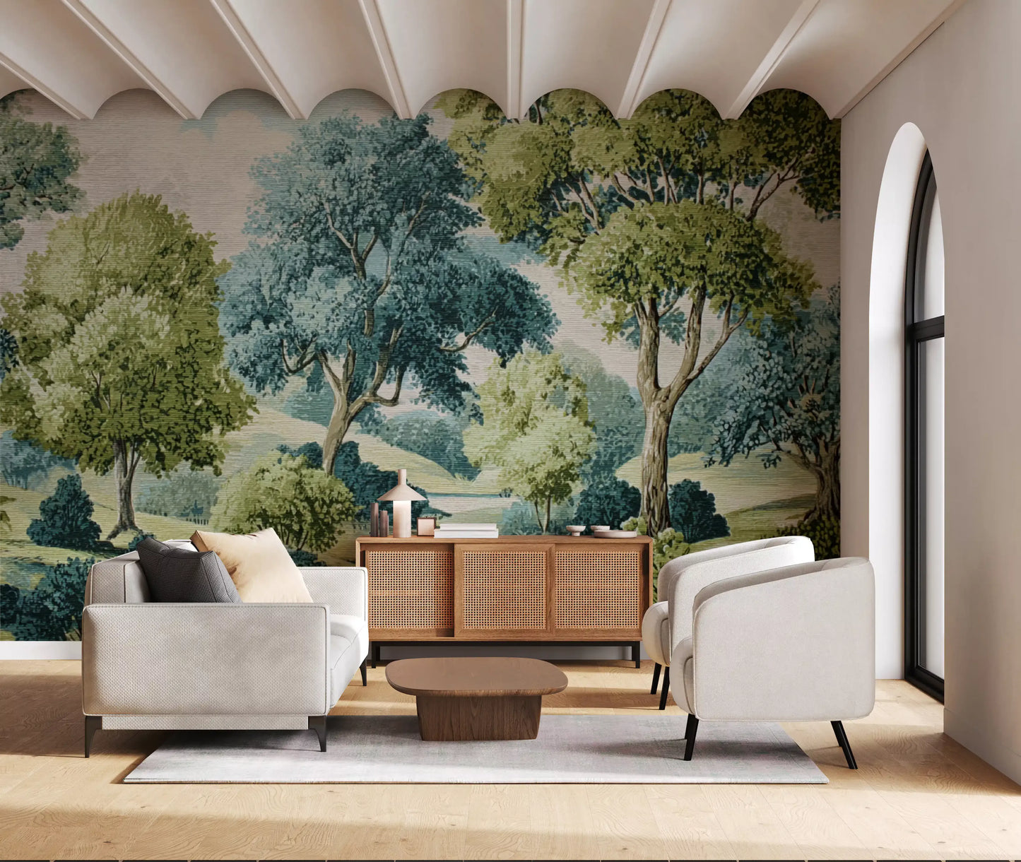 Vintage landscape mural with cloudy sky and tall forest trees.