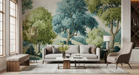 Tranquil river mural with forest trees and mountains for a living room wall 
