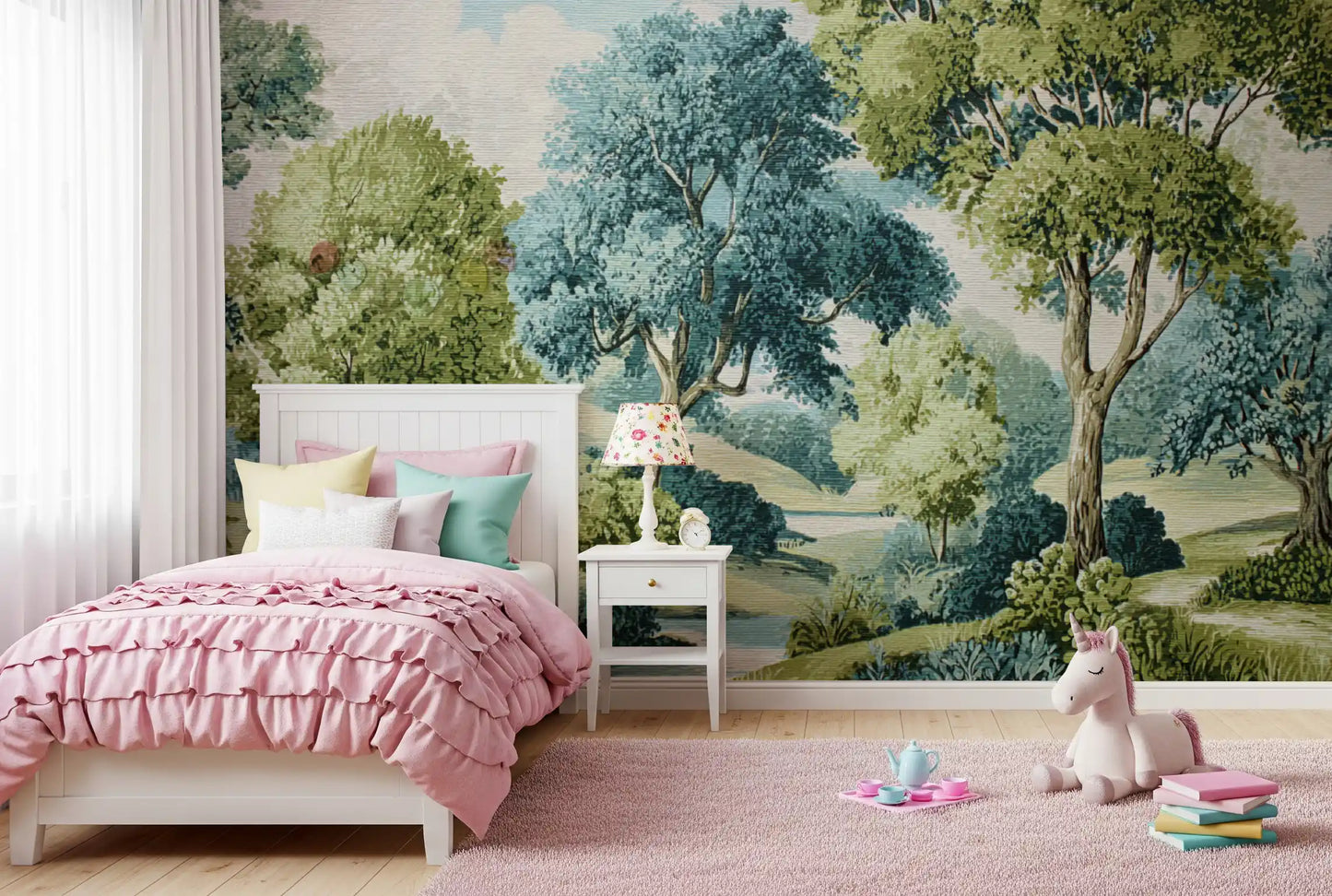 Scenic woodland wall mural with river, hills, and cloudy sky in kids bedroom.