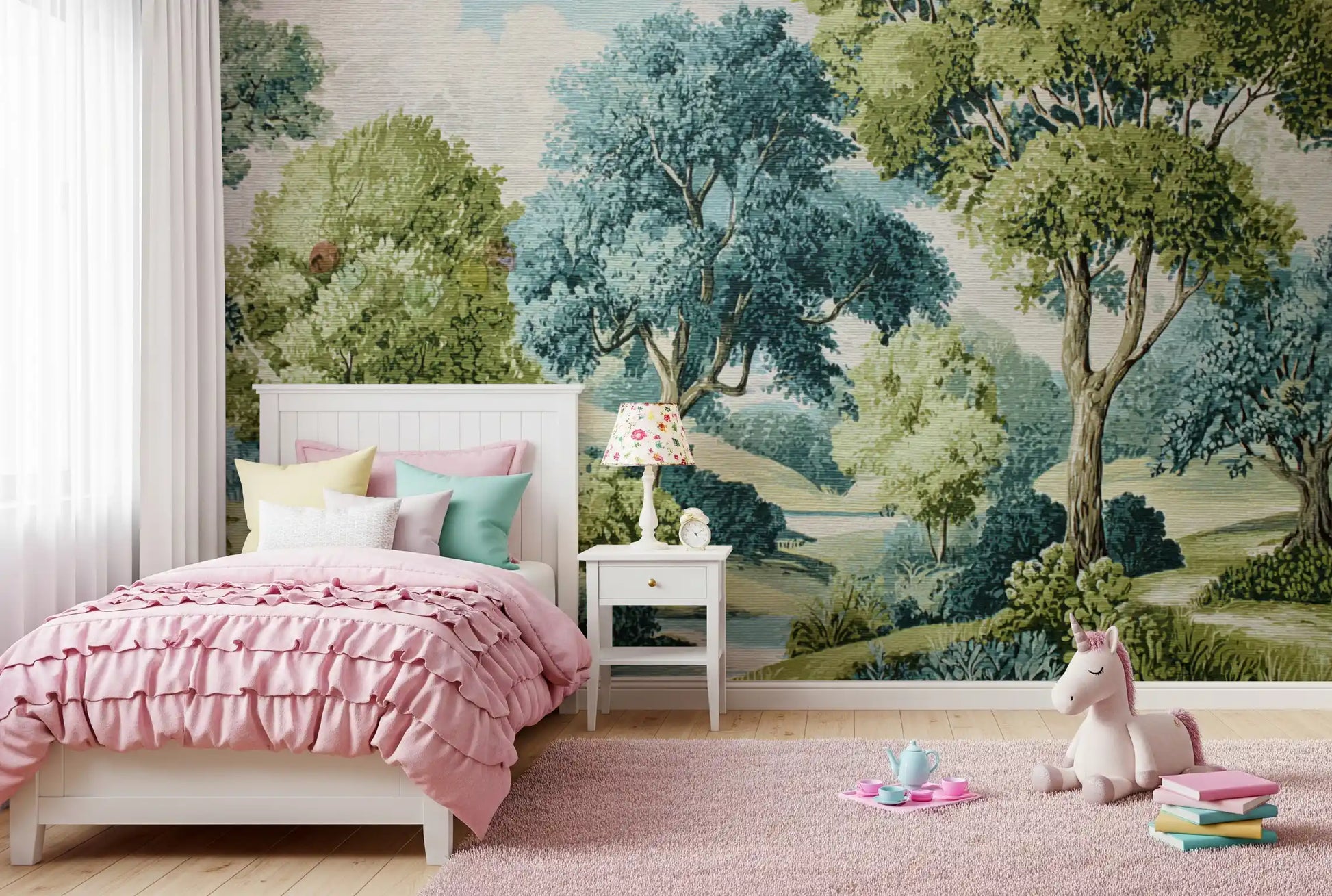 Scenic woodland wall mural with river, hills, and cloudy sky in kids bedroom.