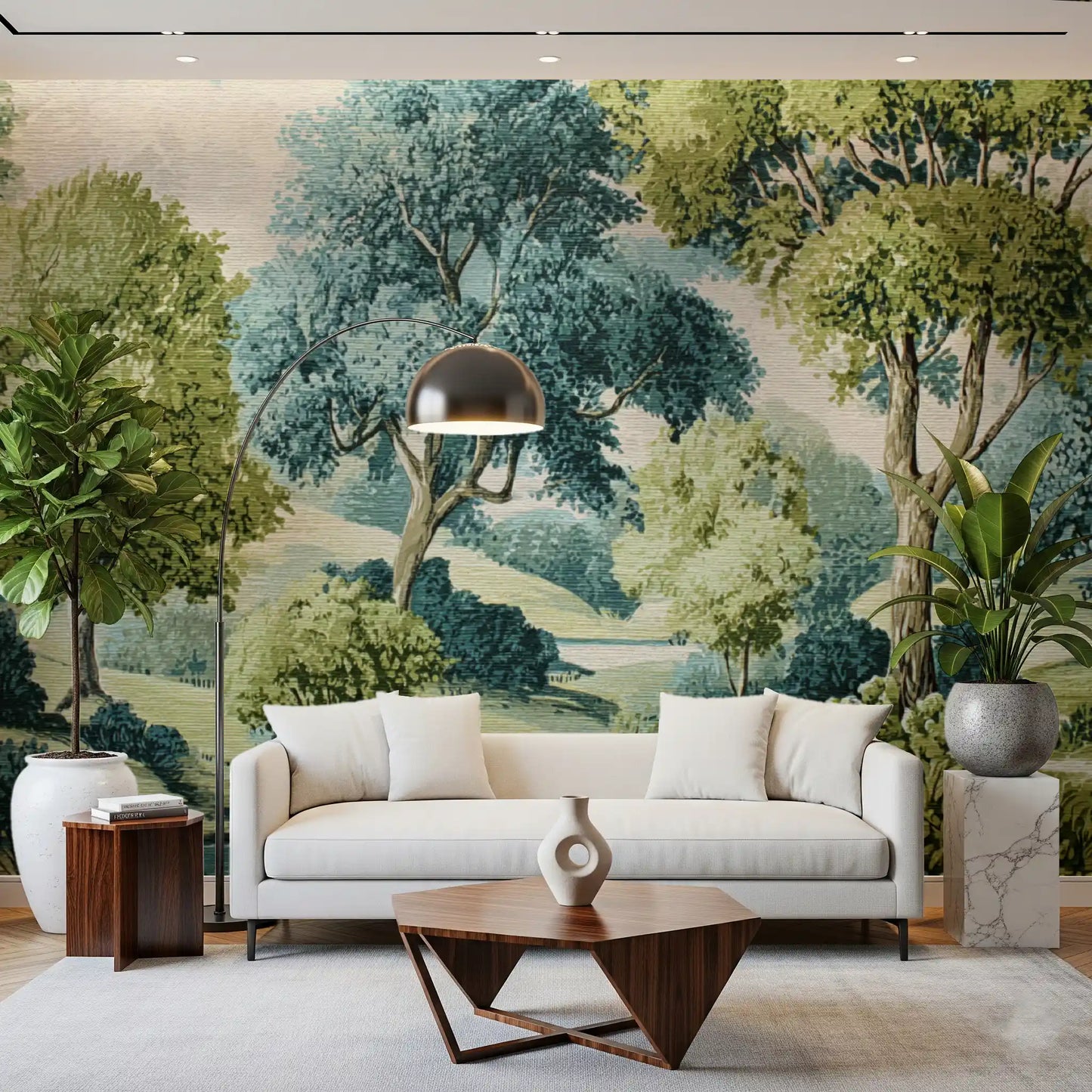 Woodland scene wall mural featuring sage and blue-green trees.
