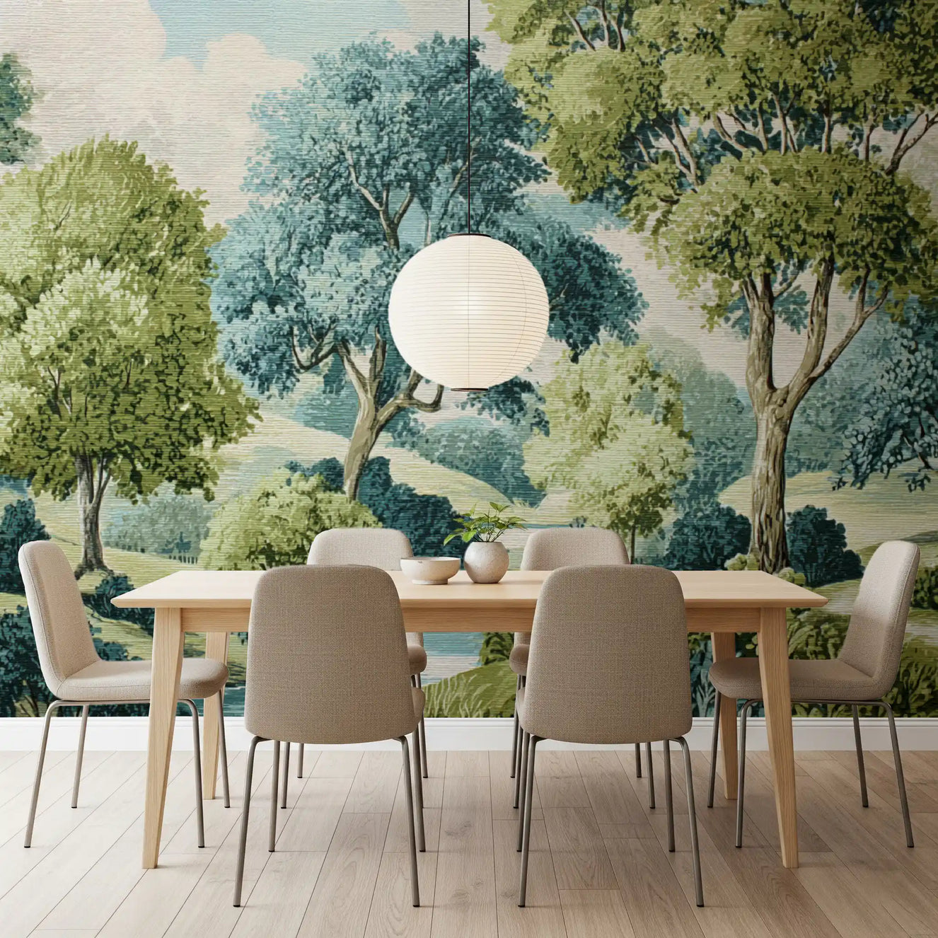 Tranquil woodland river vista wall mural with green trees in dining room.