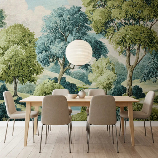 Tranquil woodland river vista wall mural with green trees in dining room.