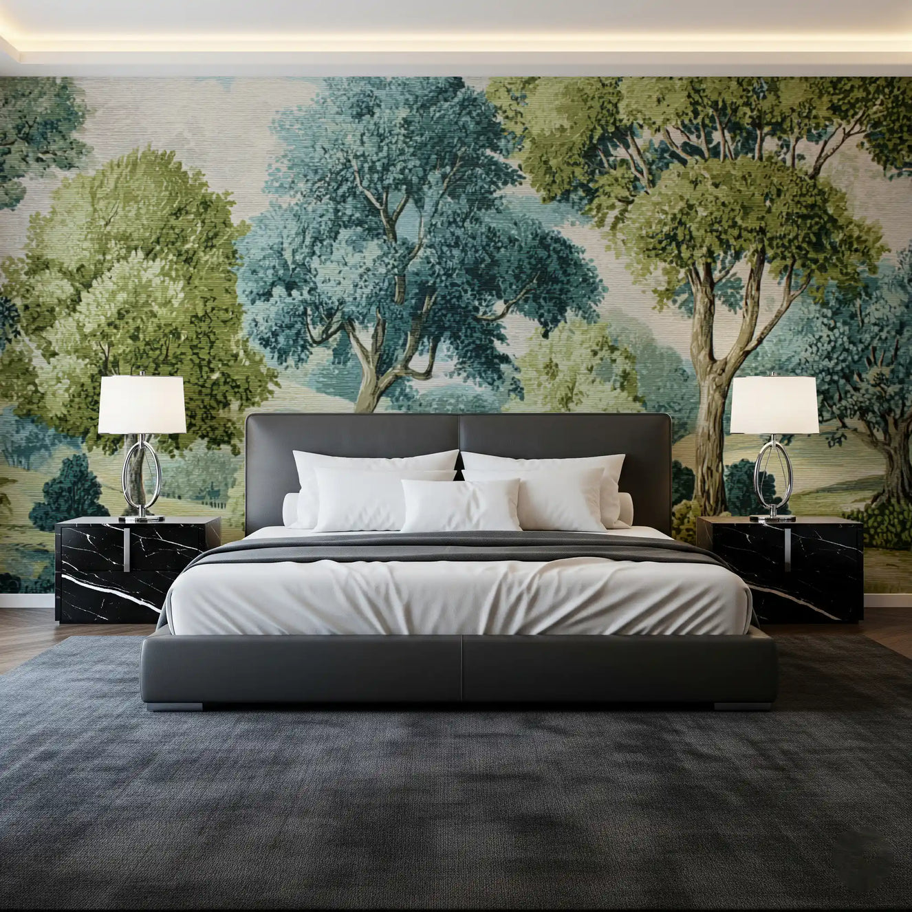 Painted landscape mural with winding river and rolling hills in bedroom.