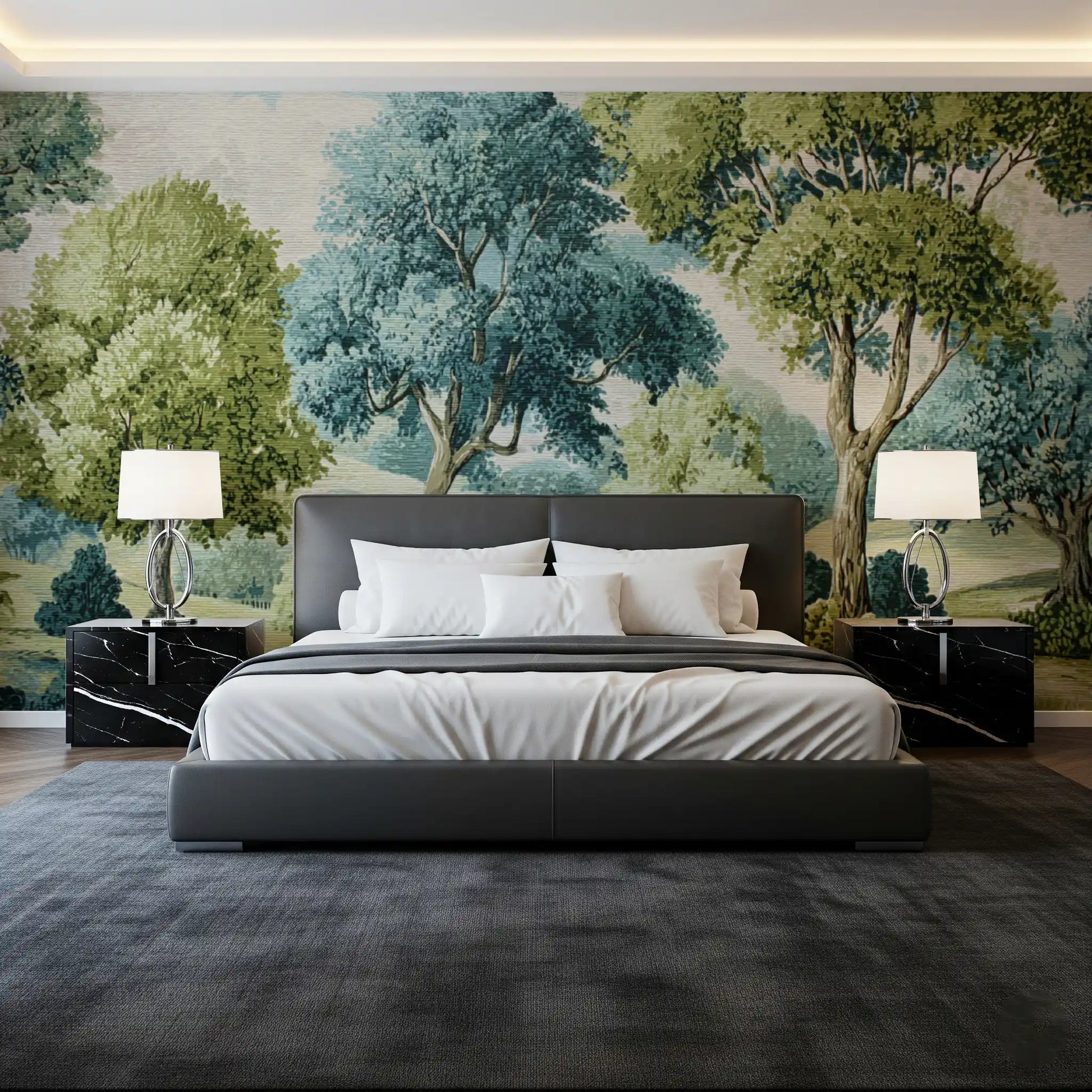 Painted landscape mural with winding river and rolling hills in bedroom.