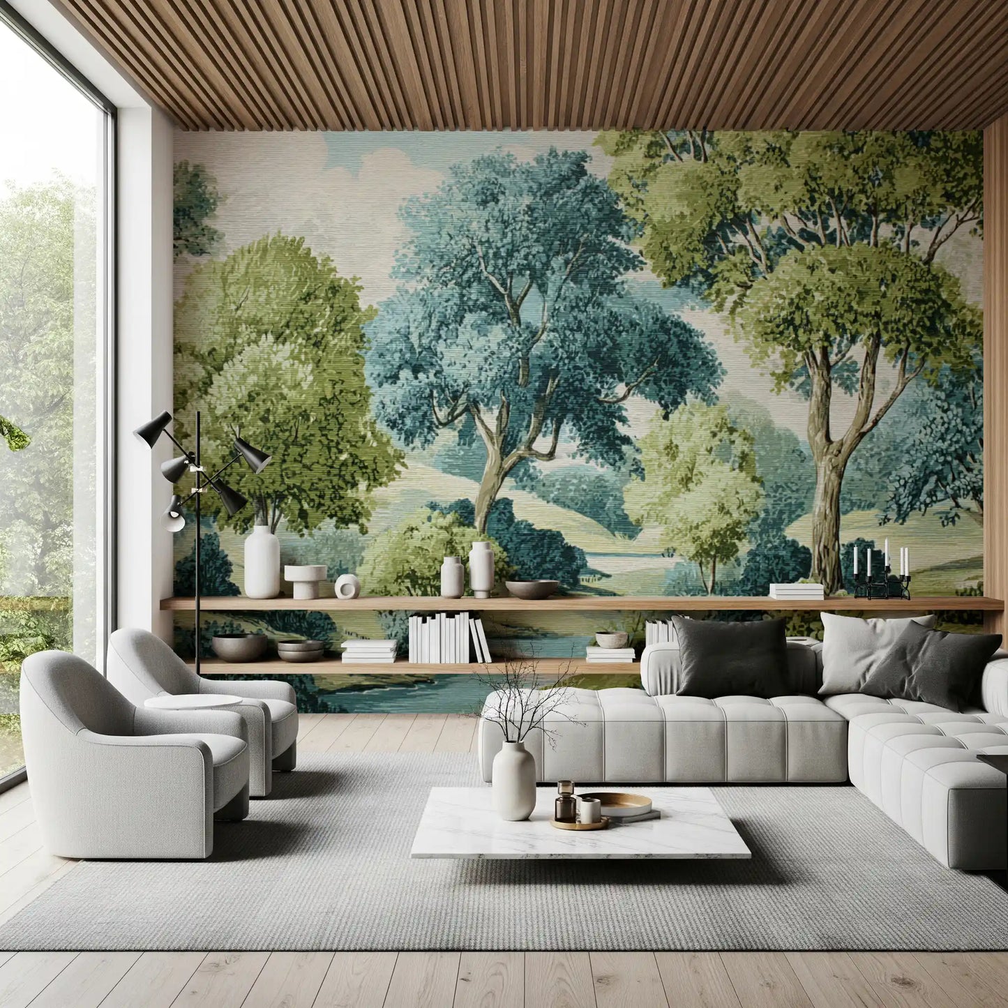 Classic countryside wall mural with tall trees and stream.