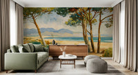 Painted seascape mural featuring tall pines and a layered blue mountains in living room.