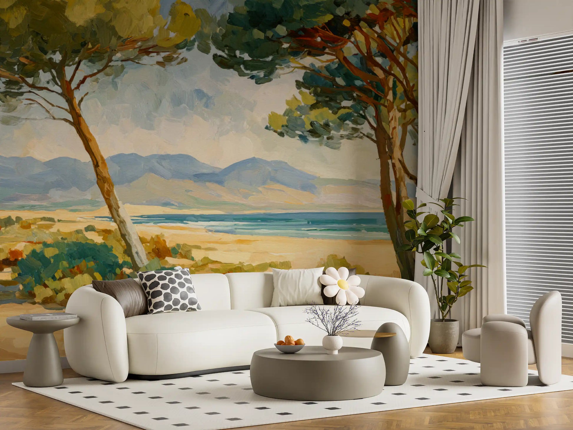 Living room wall mural showing a coastal pine and beach landscape view.