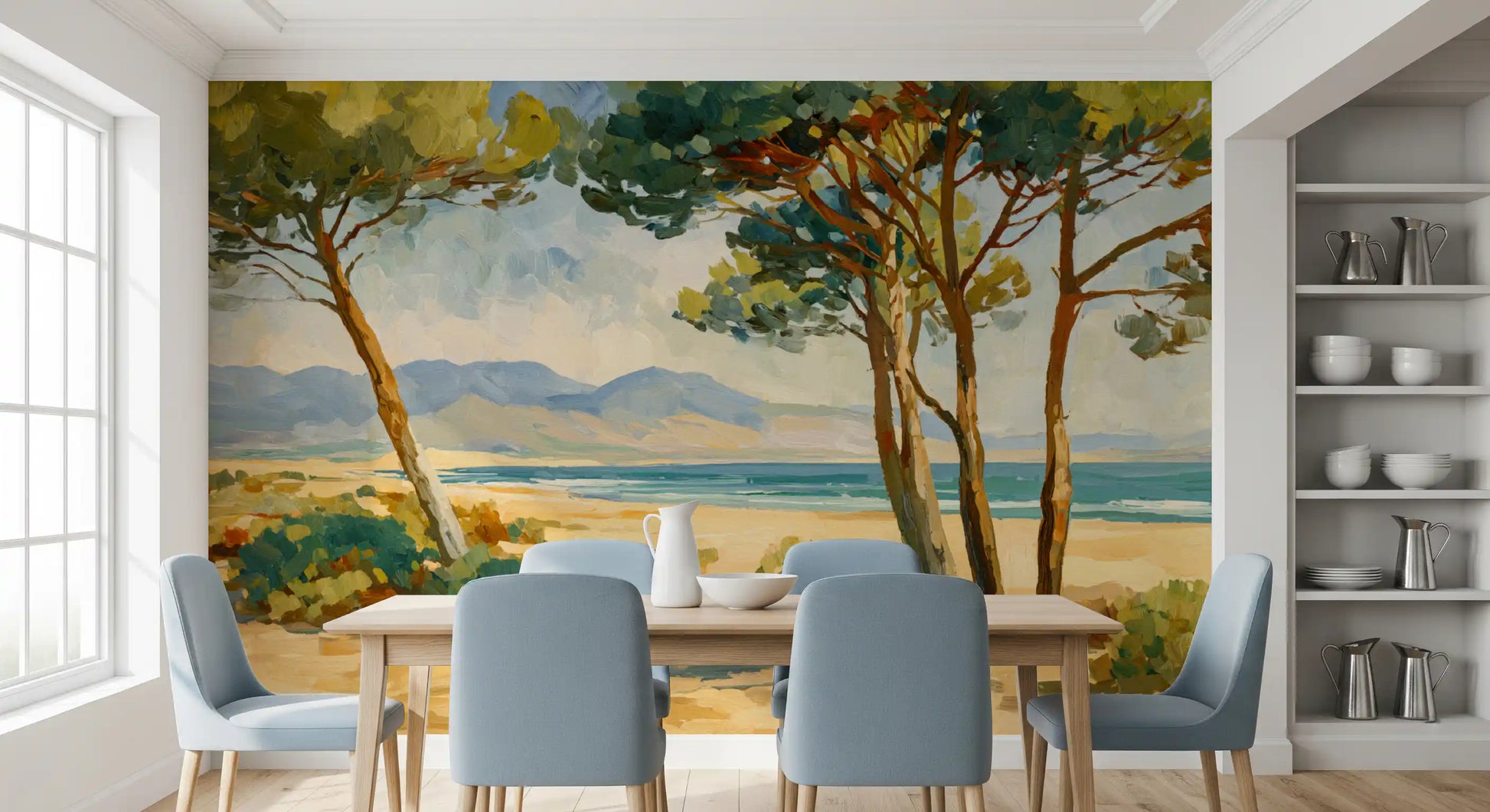 Painterly landscape mural with coastal foliage, beach, ocean, and mountain layers.