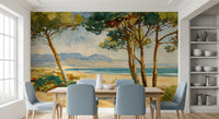 Painterly landscape mural with coastal foliage, beach, ocean, and mountain layers.