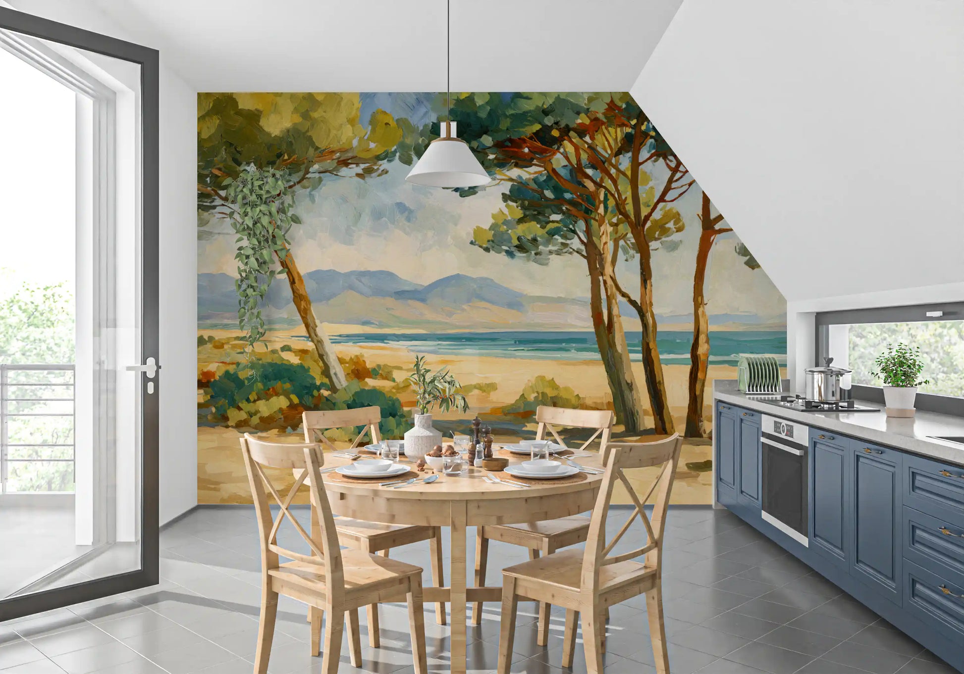 Mediterranean coastal mural with oil brushstroke pines and warm sandy dunes.