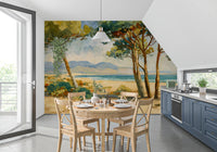 Mediterranean coastal mural with oil brushstroke pines and warm sandy dunes.