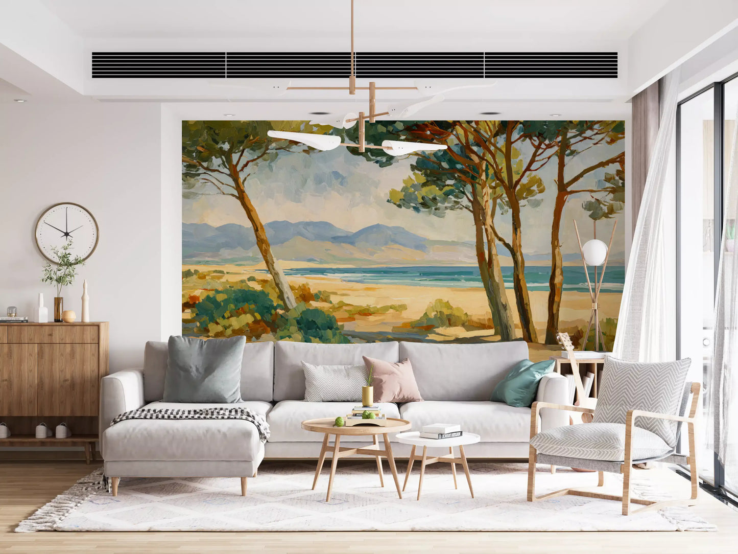 Pine tree mural with rust bark, sage shrubs, and a teal sea horizon.