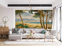 Pine tree mural with rust bark, sage shrubs, and a teal sea horizon.