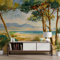 Coastal Pine Serenity Wall Mural with painted pines framing a turquoise sea
in hallway.
