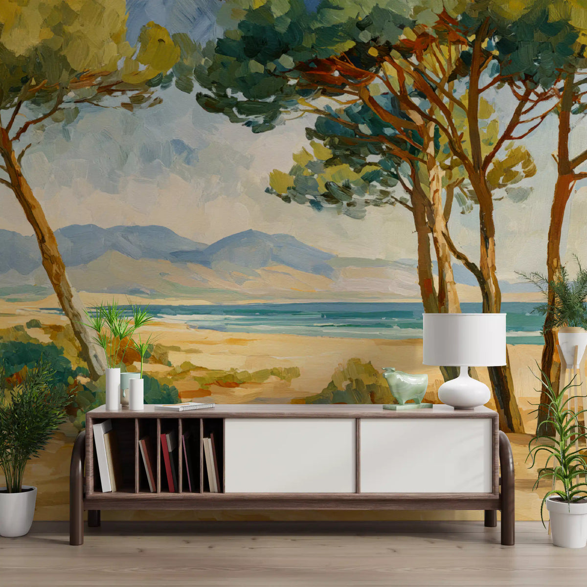 Coastal Pine Serenity Wall Mural with painted pines framing a turquoise sea
in hallway., GD10030