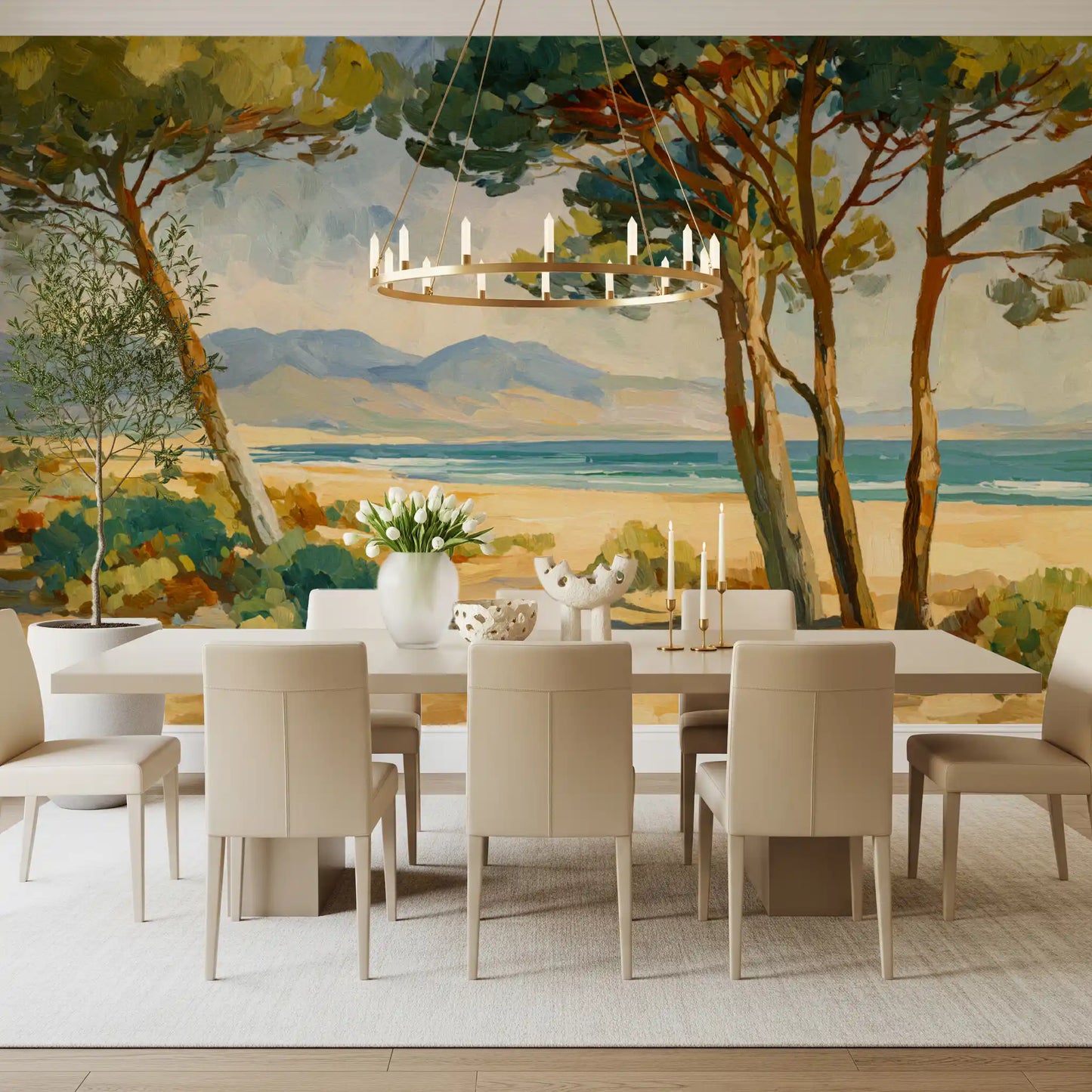 Oil painting style mural with pines, sand, sea, and distant hazy mountains.