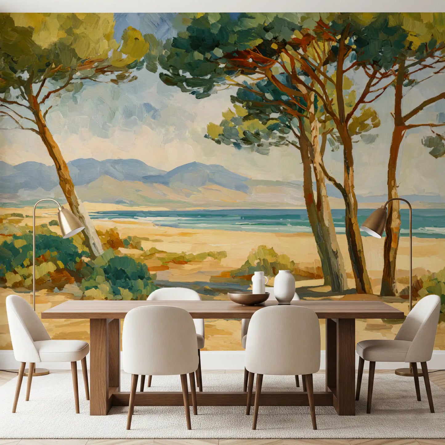 Dining room wall mural with a coastal pine scene and Mediterranean colour palette
