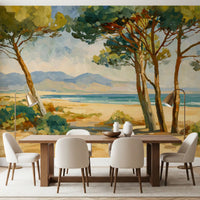 Dining room wall mural with a coastal pine scene and Mediterranean colour palette
