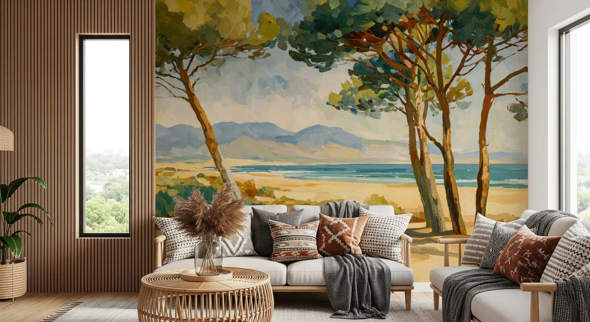Scenic wall mural featuring windswept pine canopies above a turquoise shoreline.