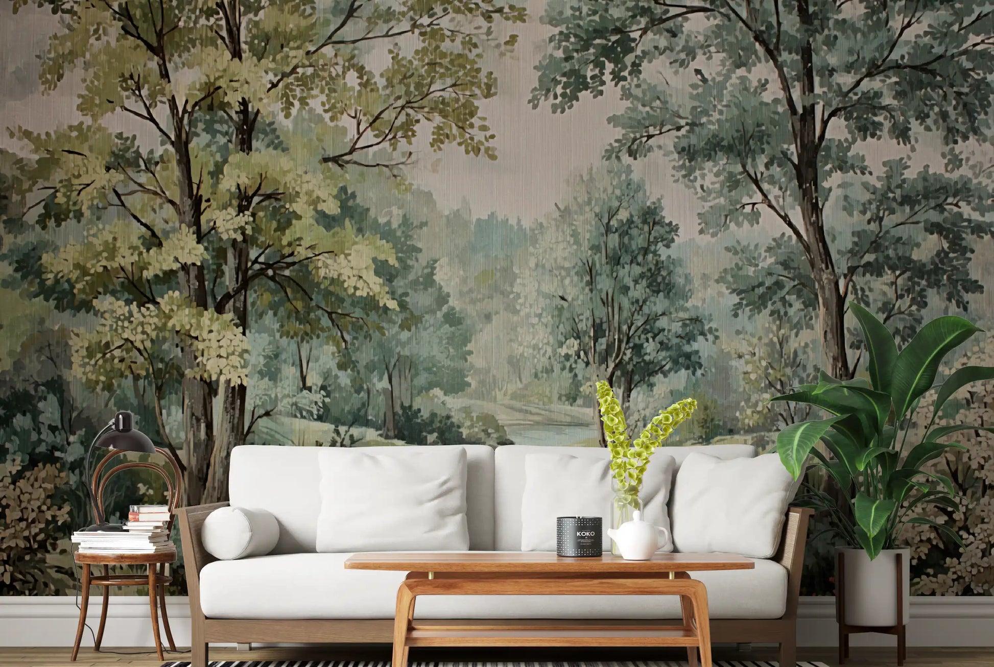 Woodland river retreat wall mural in a living room with painted forest scene.