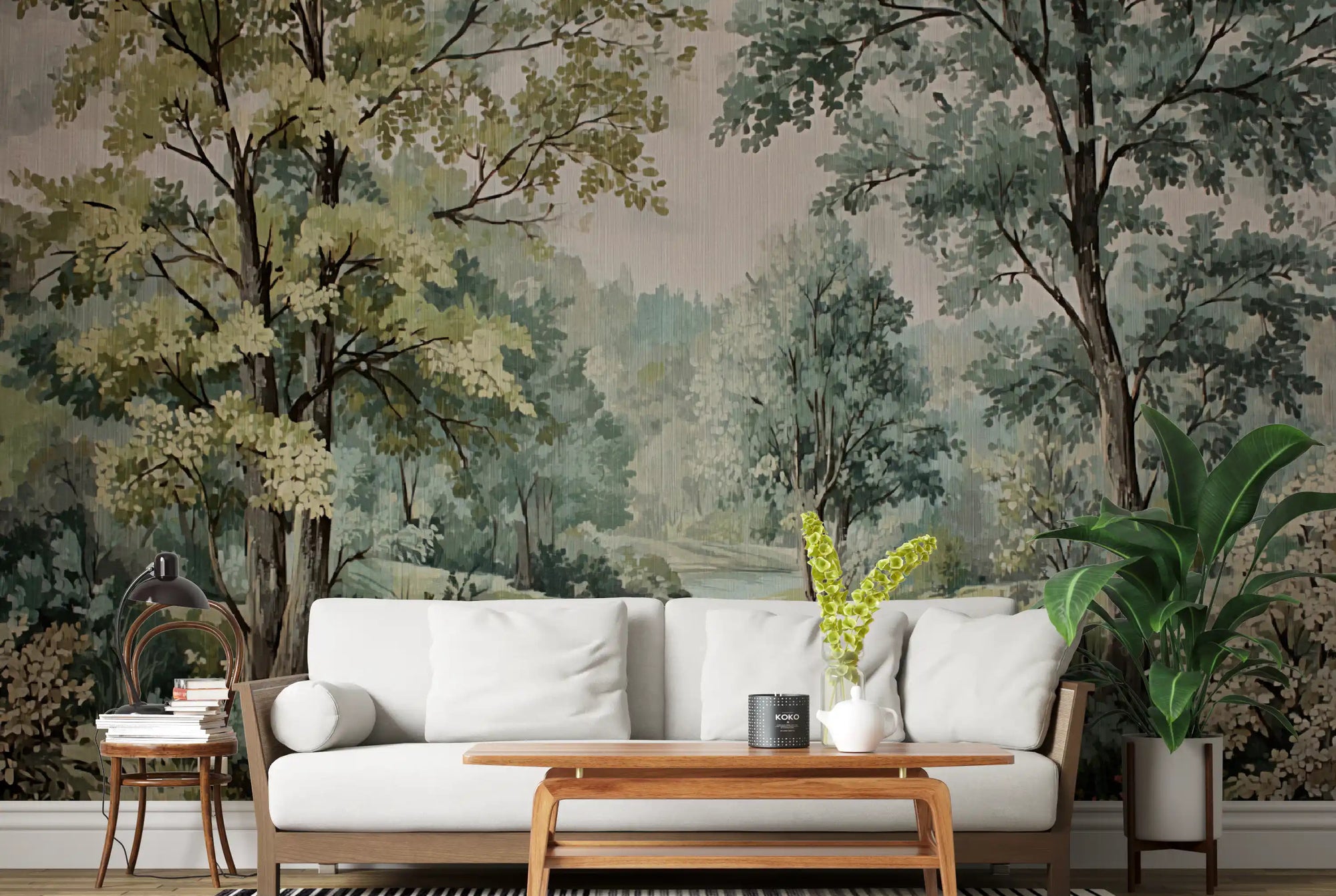 Woodland river retreat wall mural in a living room with painted forest scene., GD10031