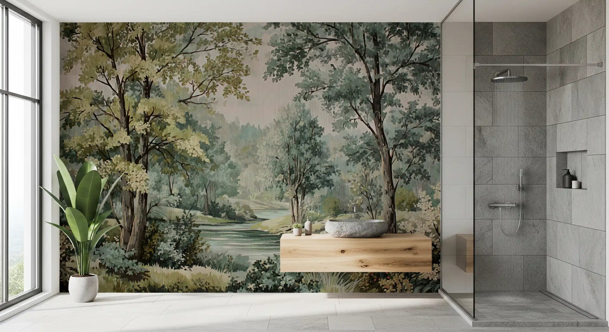 Forest mural with calm river retreat painted look in a bathroom space.
