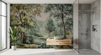 Forest mural with calm river retreat painted look in a bathroom space.