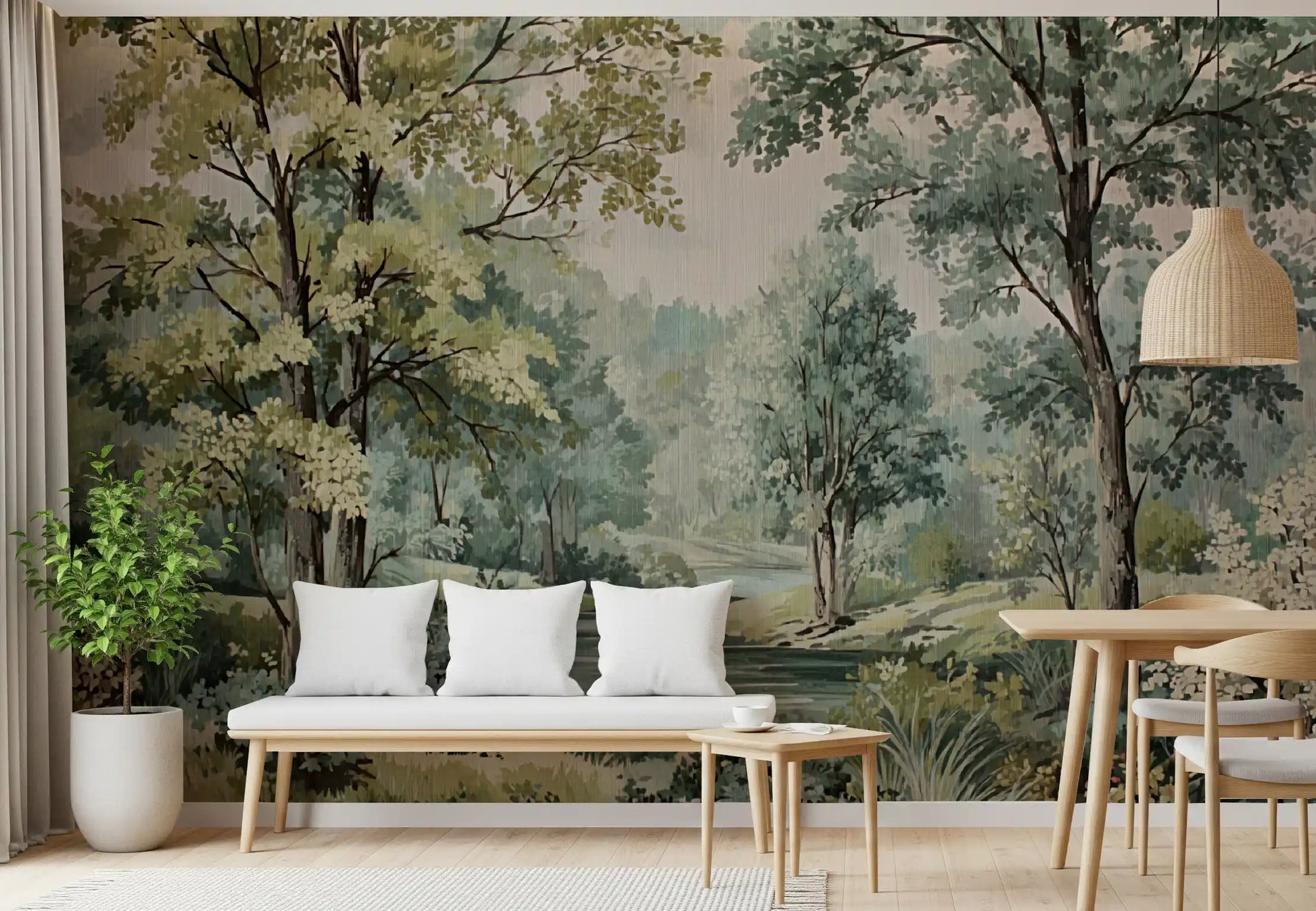 Tall trees and a meandering river painted in vintage style across the mural.