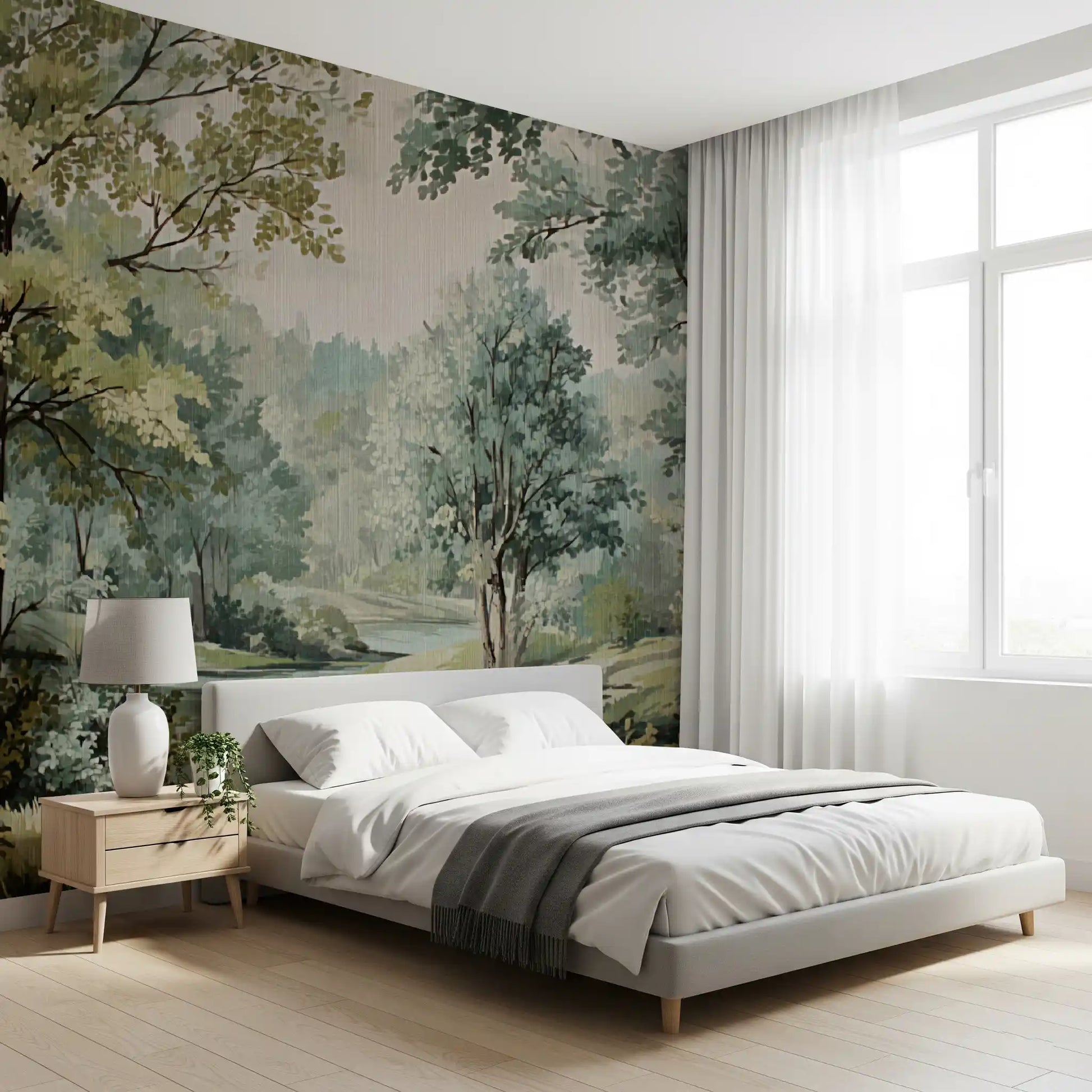 Sage and grey green woodland mural with calm river and floral foreground.