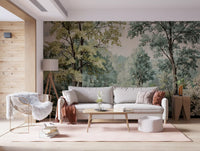 Painted woodland scene mural with trees and stream suited for living room walls