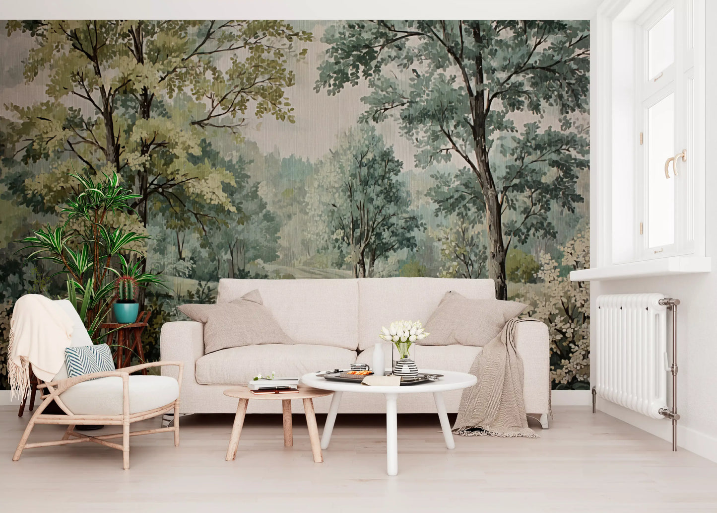 Painterly forest wall mural with green foliage brown trunks and white blooms