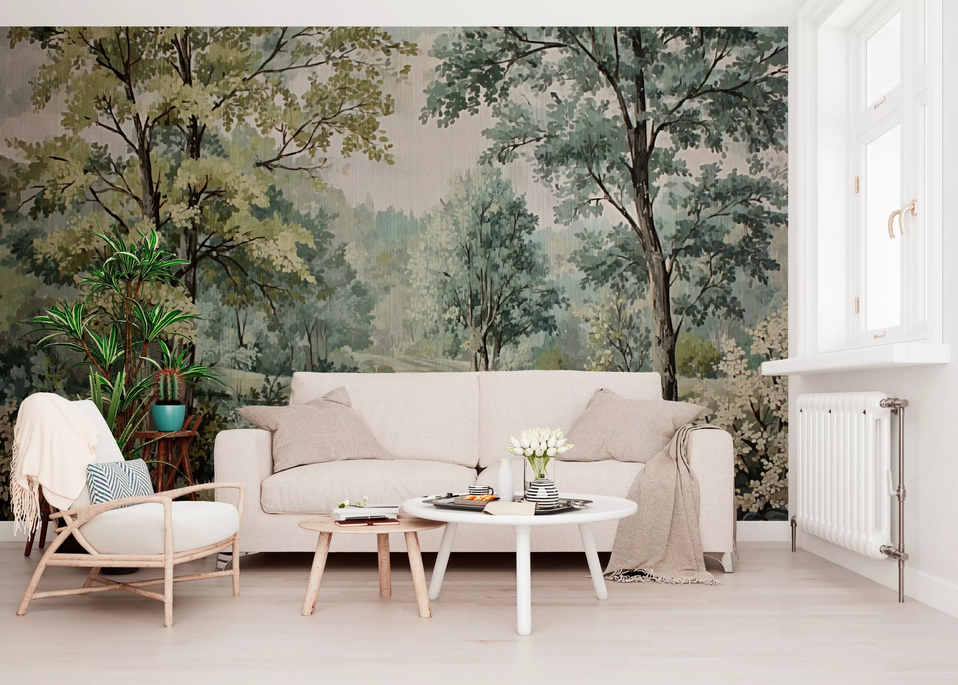 Painterly forest wall mural with green foliage brown trunks and white blooms