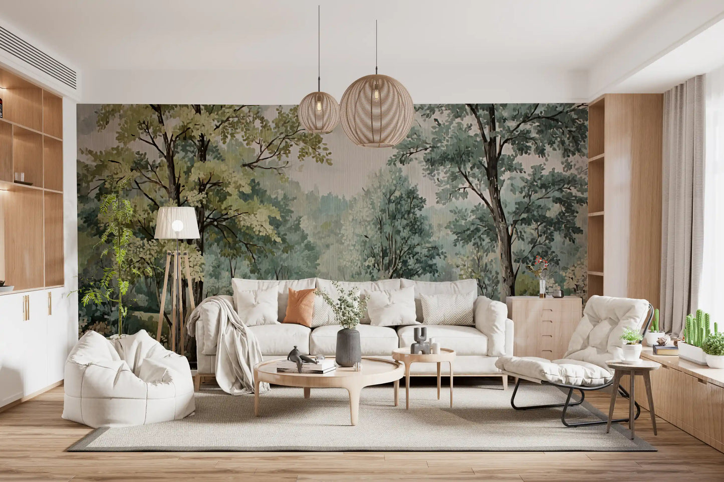 Vintage forest mural with tall trees and calm river for a living room feature walls.