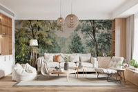 Vintage forest mural with tall trees and calm river for a living room feature walls.
