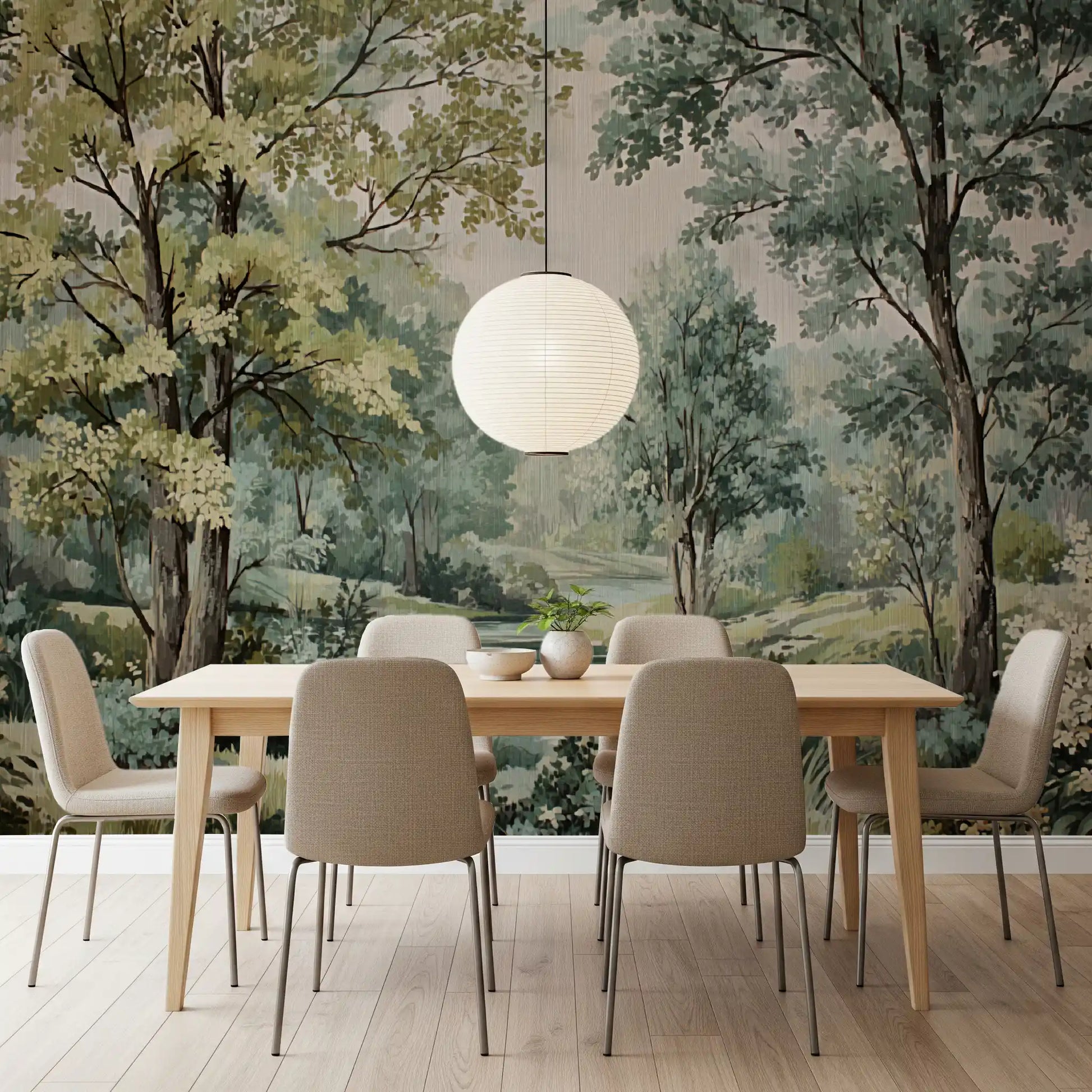 Sage green woodland mural with painted river and white wildflowers in dining room